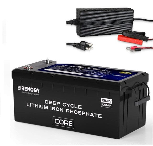 Renogy Core 24V 100Ah Deep Cycle LiFePO4 Battery with 24V Battery Charger